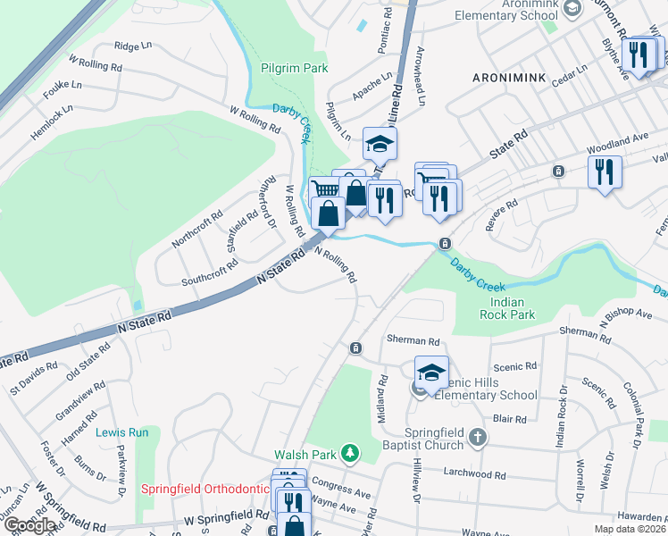 map of restaurants, bars, coffee shops, grocery stores, and more near 412 North Rolling Road in Springfield