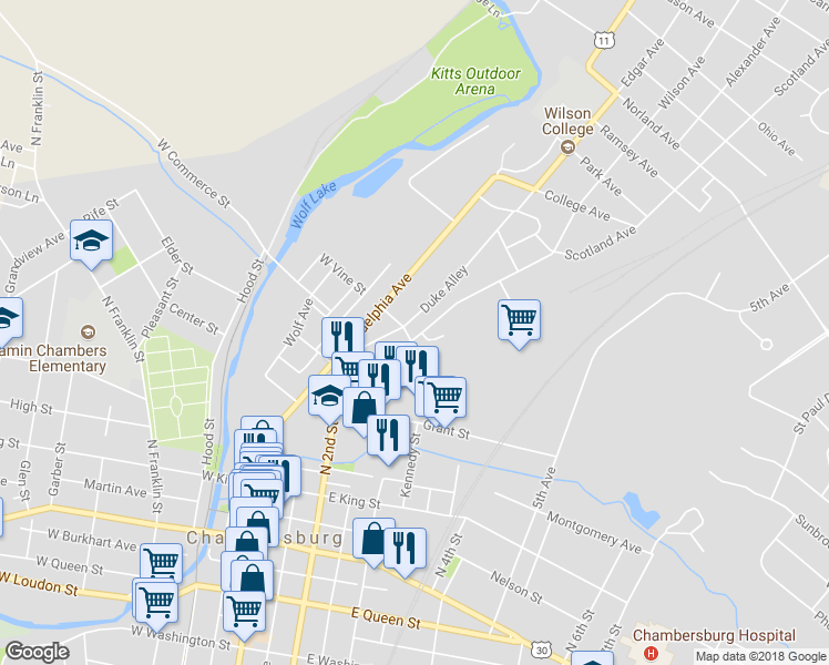 map of restaurants, bars, coffee shops, grocery stores, and more near 613 Broad Street in Chambersburg