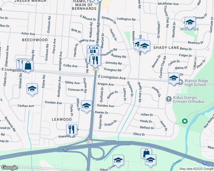 map of restaurants, bars, coffee shops, grocery stores, and more near 1540 Duffield Drive in Columbus