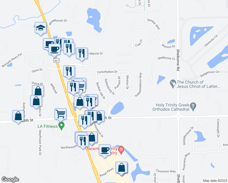 map of restaurants, bars, coffee shops, grocery stores, and more near 10741 Putnam Place in Carmel