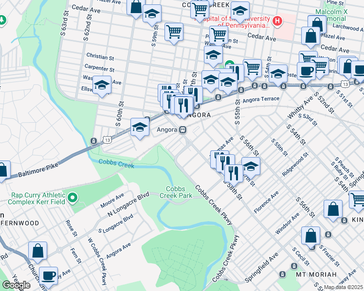 map of restaurants, bars, coffee shops, grocery stores, and more near 5819 Hoffman Avenue in Philadelphia