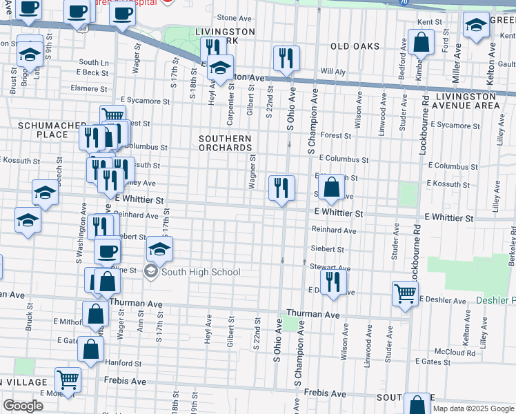 map of restaurants, bars, coffee shops, grocery stores, and more near East Whittier Street in Columbus