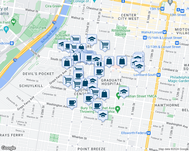 map of restaurants, bars, coffee shops, grocery stores, and more near 2033 Pemberton Street in Philadelphia