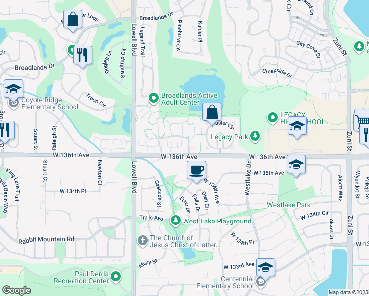 map of restaurants, bars, coffee shops, grocery stores, and more near 3230 Boulder Circle in Broomfield