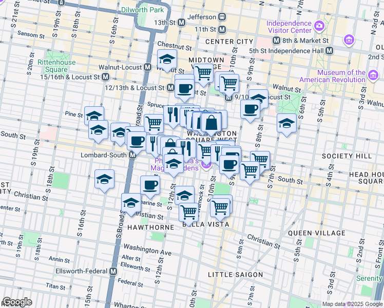 map of restaurants, bars, coffee shops, grocery stores, and more near 1111 Rodman Street in Philadelphia