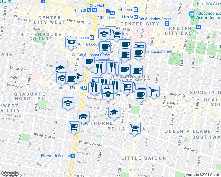 map of restaurants, bars, coffee shops, grocery stores, and more near in Philadelphia