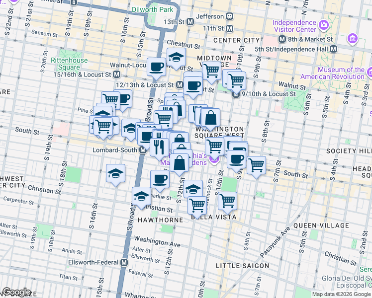 map of restaurants, bars, coffee shops, grocery stores, and more near in Philadelphia