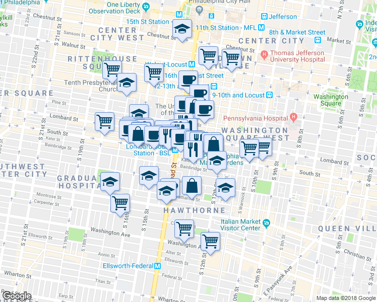 map of restaurants, bars, coffee shops, grocery stores, and more near 1354 South Street in Philadelphia