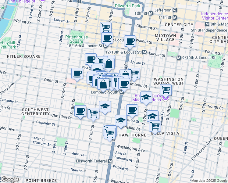 map of restaurants, bars, coffee shops, grocery stores, and more near 1426 South Street in Philadelphia