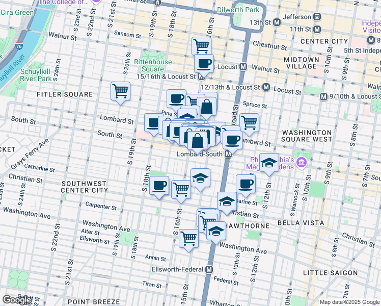 map of restaurants, bars, coffee shops, grocery stores, and more near 1520-36 South Street in Philadelphia