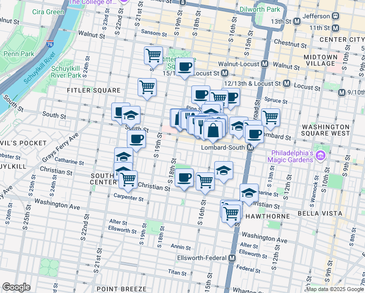 map of restaurants, bars, coffee shops, grocery stores, and more near 1713 Bainbridge Street in Philadelphia