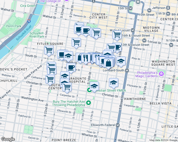 map of restaurants, bars, coffee shops, grocery stores, and more near 608 South 18th Street in Philadelphia