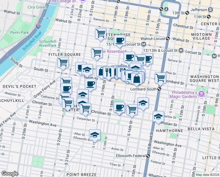 map of restaurants, bars, coffee shops, grocery stores, and more near in Philadelphia