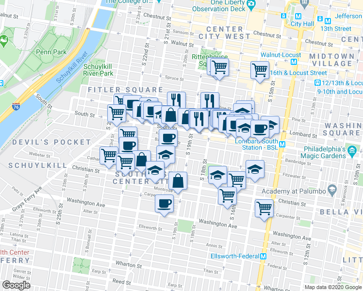map of restaurants, bars, coffee shops, grocery stores, and more near 710 South 19th Street in Philadelphia