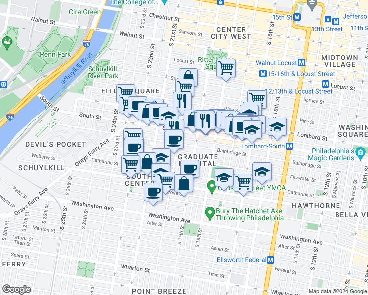 map of restaurants, bars, coffee shops, grocery stores, and more near 710 South 19th Street in Philadelphia
