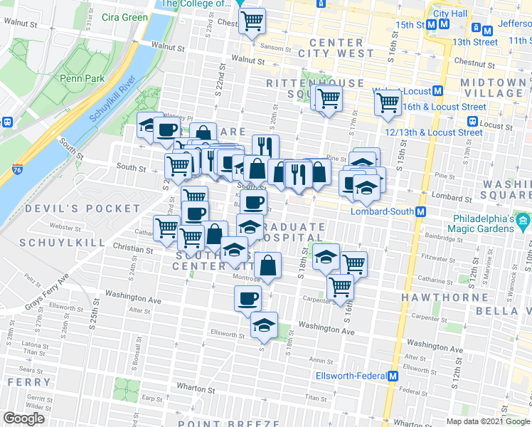 map of restaurants, bars, coffee shops, grocery stores, and more near 2004 Pemberton Street in Philadelphia