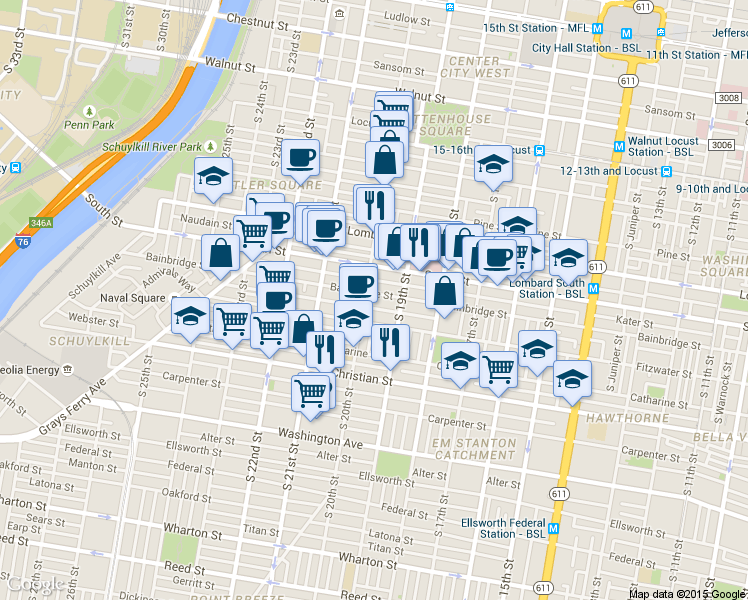 map of restaurants, bars, coffee shops, grocery stores, and more near 2004 Pemberton Street in Philadelphia