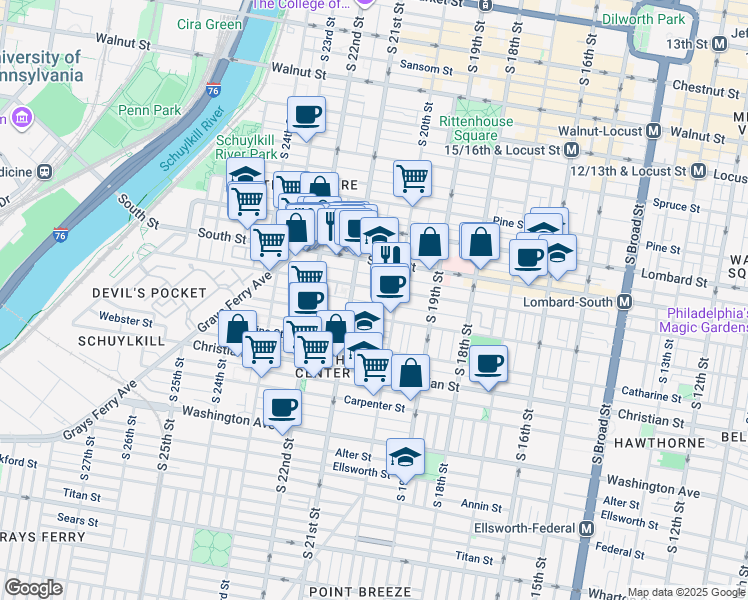 map of restaurants, bars, coffee shops, grocery stores, and more near 2031 Pemberton St in Philadelphia