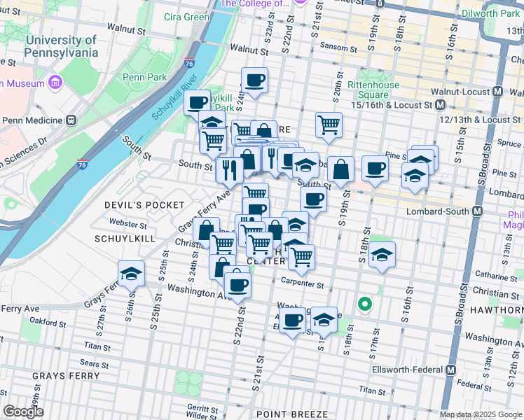 map of restaurants, bars, coffee shops, grocery stores, and more near 2131 Fitzwater Street in Philadelphia