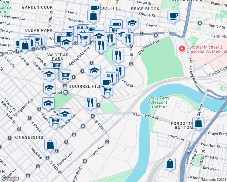map of restaurants, bars, coffee shops, grocery stores, and more near 4620 Woodland Avenue in Philadelphia