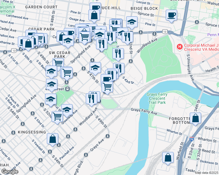 map of restaurants, bars, coffee shops, grocery stores, and more near 4620 Woodland Avenue in Philadelphia
