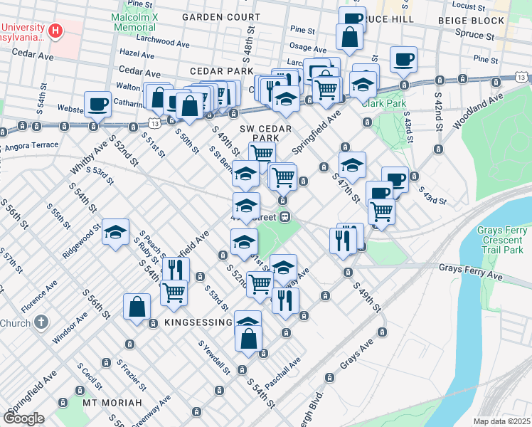 map of restaurants, bars, coffee shops, grocery stores, and more near 4921 South Saint Bernard Street in Philadelphia