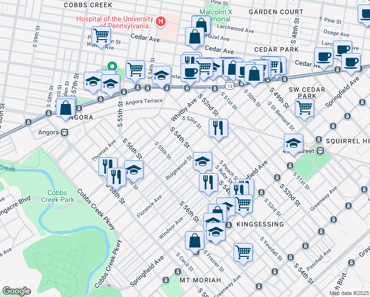 map of restaurants, bars, coffee shops, grocery stores, and more near 5407 Pentridge Street in Philadelphia