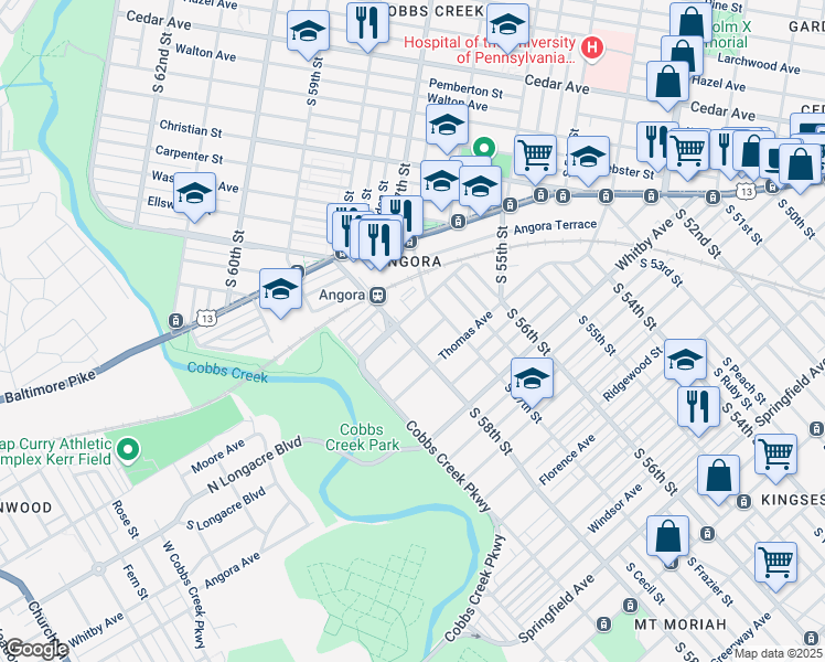 map of restaurants, bars, coffee shops, grocery stores, and more near 5719 Ashland Avenue in Philadelphia