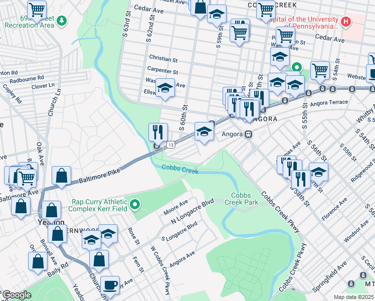 map of restaurants, bars, coffee shops, grocery stores, and more near 6026 Cedarhurst Street in Philadelphia