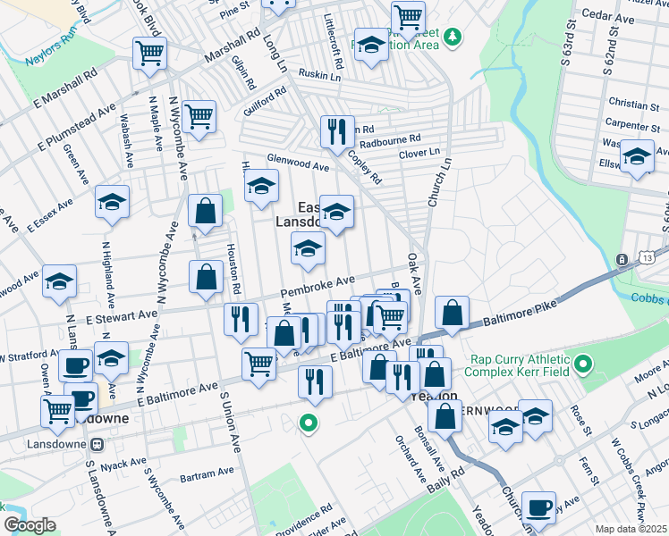 map of restaurants, bars, coffee shops, grocery stores, and more near 719 Pembroke Avenue in Lansdowne