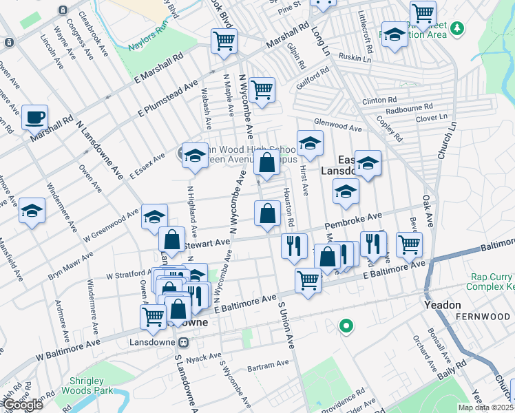 map of restaurants, bars, coffee shops, grocery stores, and more near 129 McKinley Avenue in Lansdowne