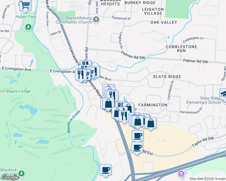 map of restaurants, bars, coffee shops, grocery stores, and more near 2048 Opal Street in Reynoldsburg