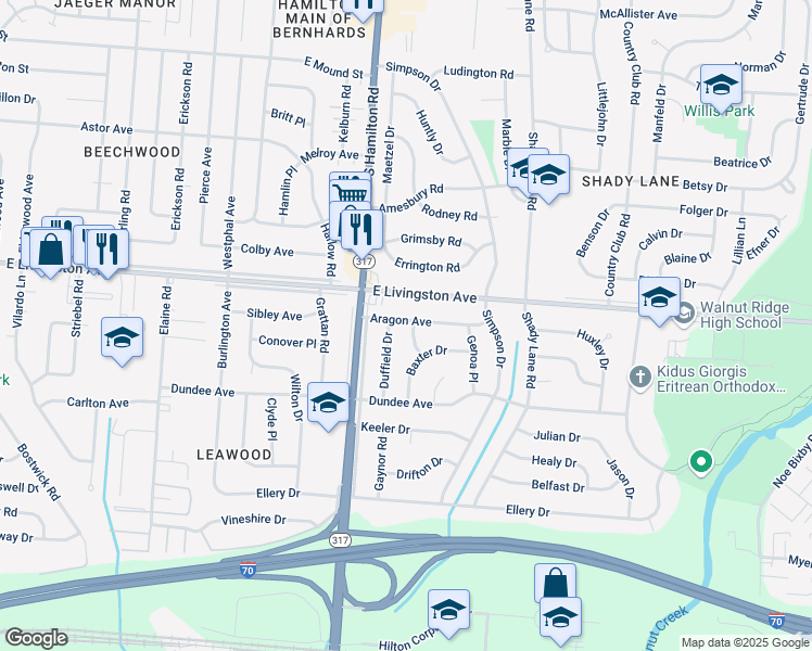 map of restaurants, bars, coffee shops, grocery stores, and more near 1540 Duffield Drive in Columbus