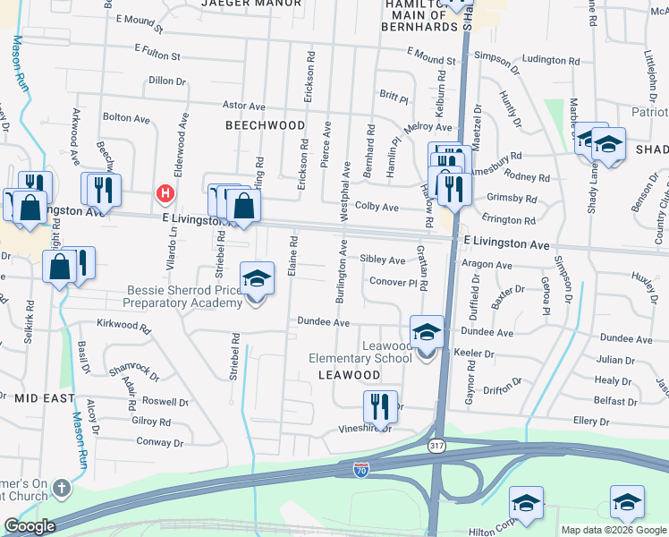 map of restaurants, bars, coffee shops, grocery stores, and more near 1482 Elaine Road in Columbus
