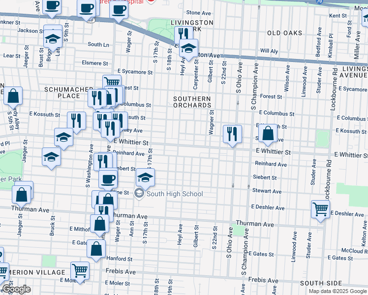 map of restaurants, bars, coffee shops, grocery stores, and more near 737 East Whittier Street in Columbus