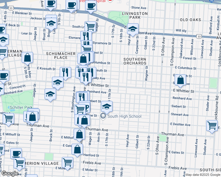 map of restaurants, bars, coffee shops, grocery stores, and more near 678 Reinhard Avenue in Columbus