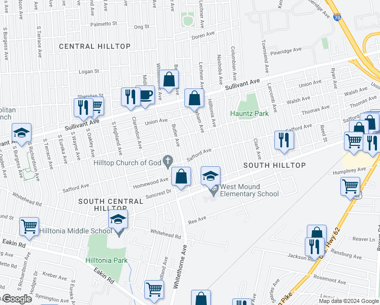 map of restaurants, bars, coffee shops, grocery stores, and more near 585 Belvidere Avenue in Columbus