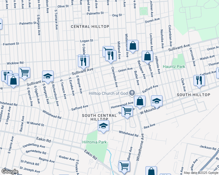 map of restaurants, bars, coffee shops, grocery stores, and more near 587 South Highland Avenue in Columbus