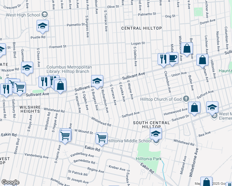 map of restaurants, bars, coffee shops, grocery stores, and more near 568 South Terrace Avenue in Columbus