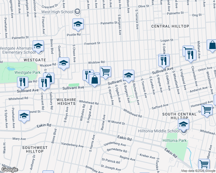 map of restaurants, bars, coffee shops, grocery stores, and more near in Columbus
