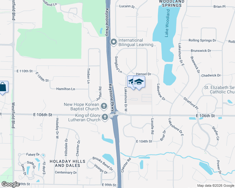 map of restaurants, bars, coffee shops, grocery stores, and more near 10652 Lakeshore Drive West in Carmel