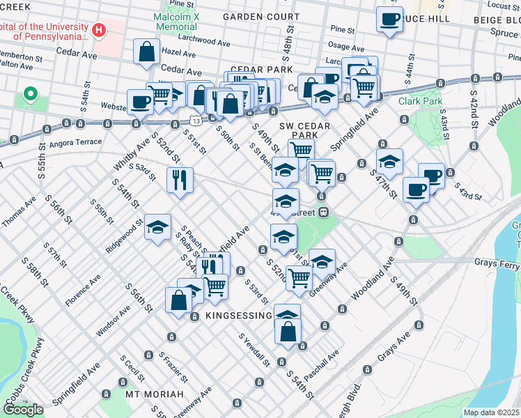 map of restaurants, bars, coffee shops, grocery stores, and more near 5037 Springfield Avenue in Philadelphia
