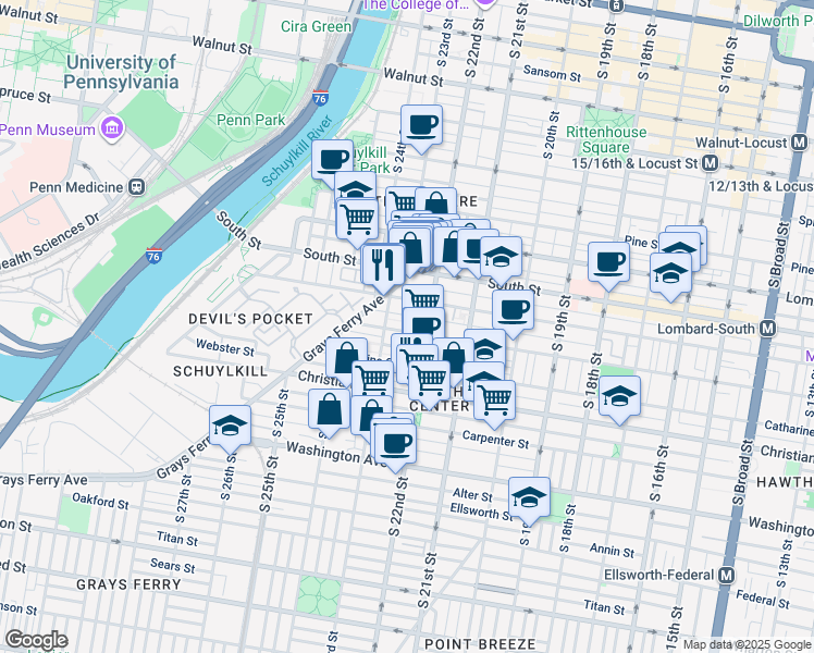 map of restaurants, bars, coffee shops, grocery stores, and more near 2225 Fitzwater Street in Philadelphia