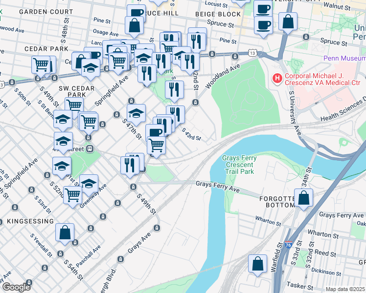 map of restaurants, bars, coffee shops, grocery stores, and more near 1350 South Melville Street in Philadelphia