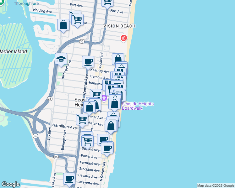 map of restaurants, bars, coffee shops, grocery stores, and more near 919 Ocean Terrace in Seaside Heights