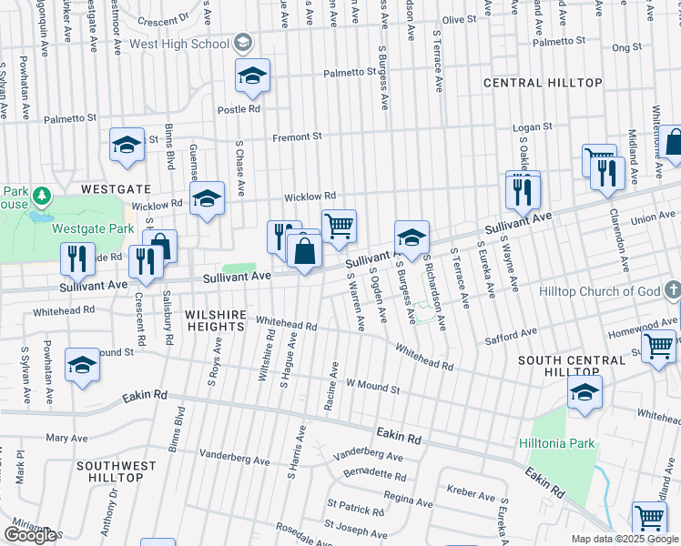 map of restaurants, bars, coffee shops, grocery stores, and more near 2719 Sullivant Avenue in Columbus