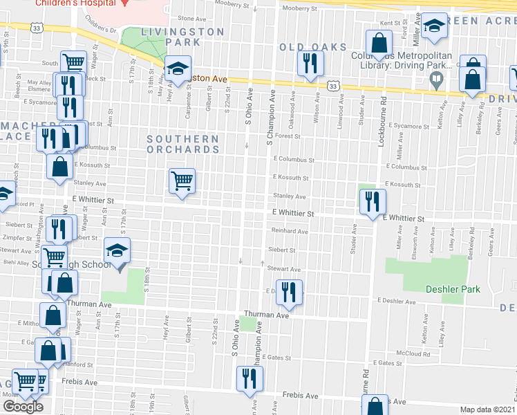 map of restaurants, bars, coffee shops, grocery stores, and more near 960 East Whittier Street in Columbus