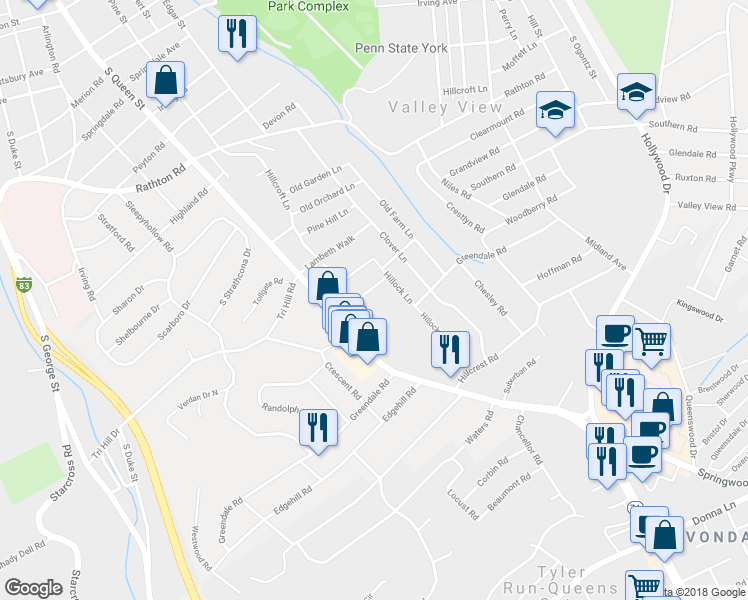 map of restaurants, bars, coffee shops, grocery stores, and more near 320 Upperidge Lane in York
