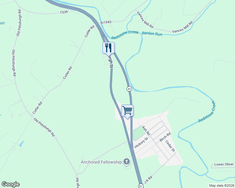 map of restaurants, bars, coffee shops, grocery stores, and more near 1186 Pittsburgh Road in Uniontown