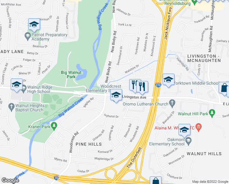 map of restaurants, bars, coffee shops, grocery stores, and more near 5350 East Livingston Avenue in Columbus